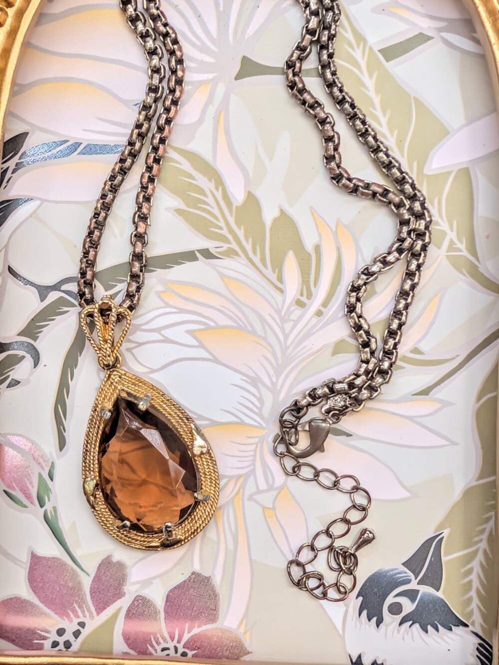 Vintage Smoky Quart Teardrop Pendant on Chunky Chain